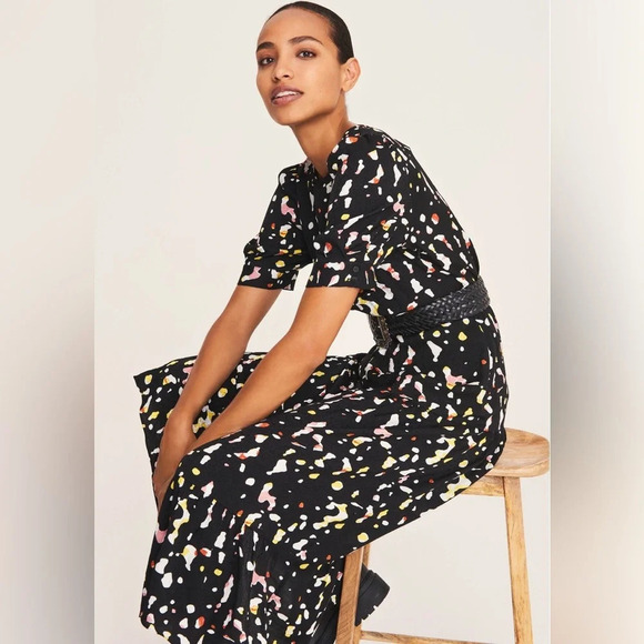 Ba&sh Tonya Gathered Printed Satin Jacquard Midi Dress in Black Spotted Size 2 - Picture 3 of 12